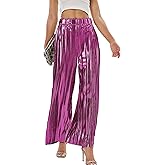 heipeiwa Women's Shiny Pleated Wide Leg Pants Party Nightout High Waist Trouser Folded Lightweight Outfit Clubwear