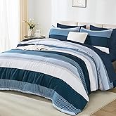 Andency Queen Comforter Set Navy - 7 Pieces Striped Bed in a Bag, Soft Microfiber All Season Patchwork Bedding Set with Comforter, Fitted & Flat Sheet, Pillowcases & Shams