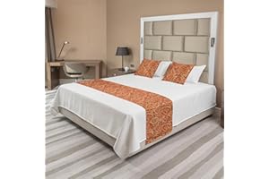 Ambesonne Paisley Bed Runner Set, Traditional Ethnic Motif Almond Shaped Elements Illustration Pattern, Decorative Bedding Scarf and 2 Pillow Shams for Hotels Homes, Queen, Paprika Yellow