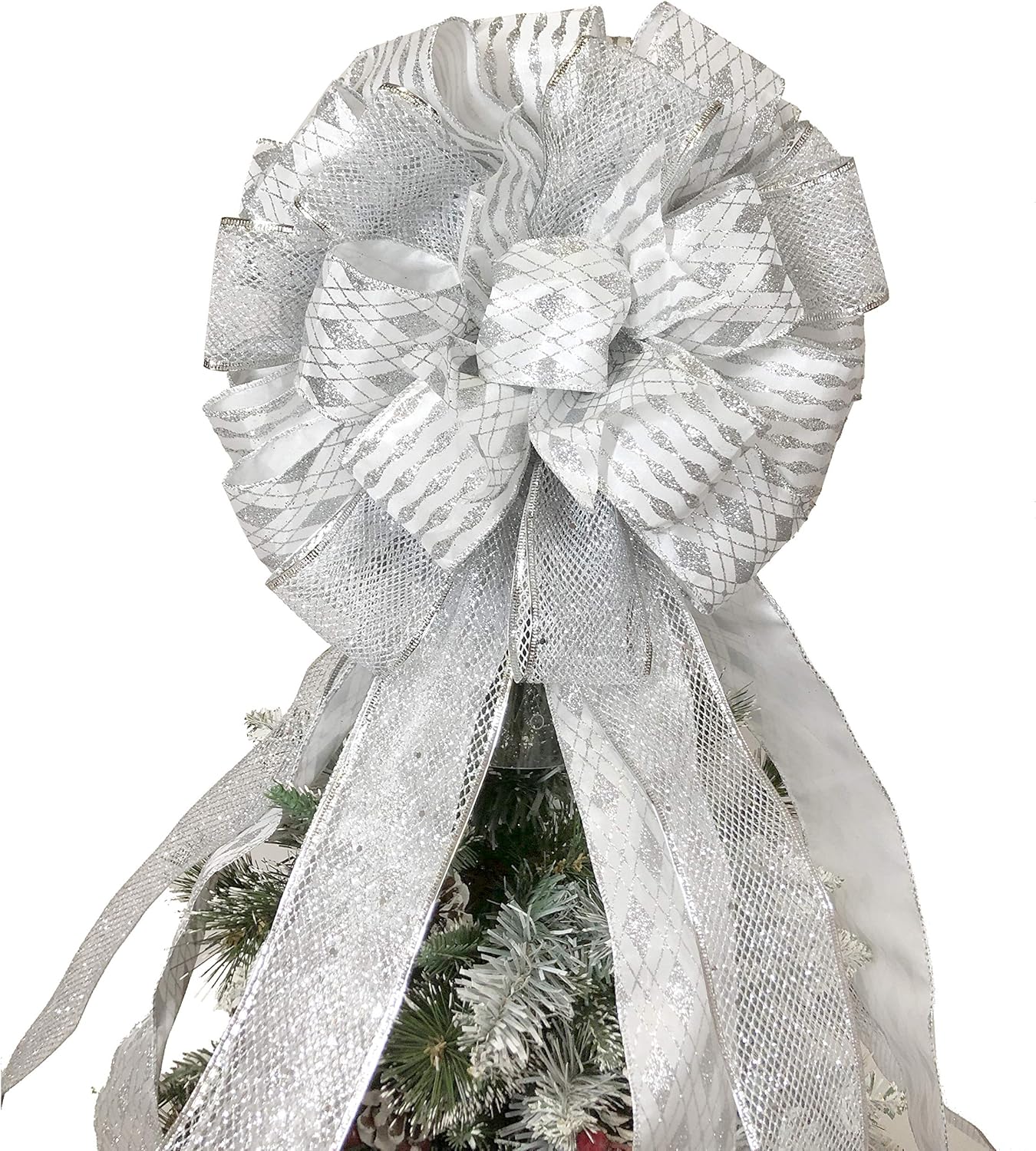 Tree Toppers - Flash World Christmas Tree Topper,27x12 Inches Large Toppers Bow with Streamer Wired Edge for Christmas Decoration (Silver)
