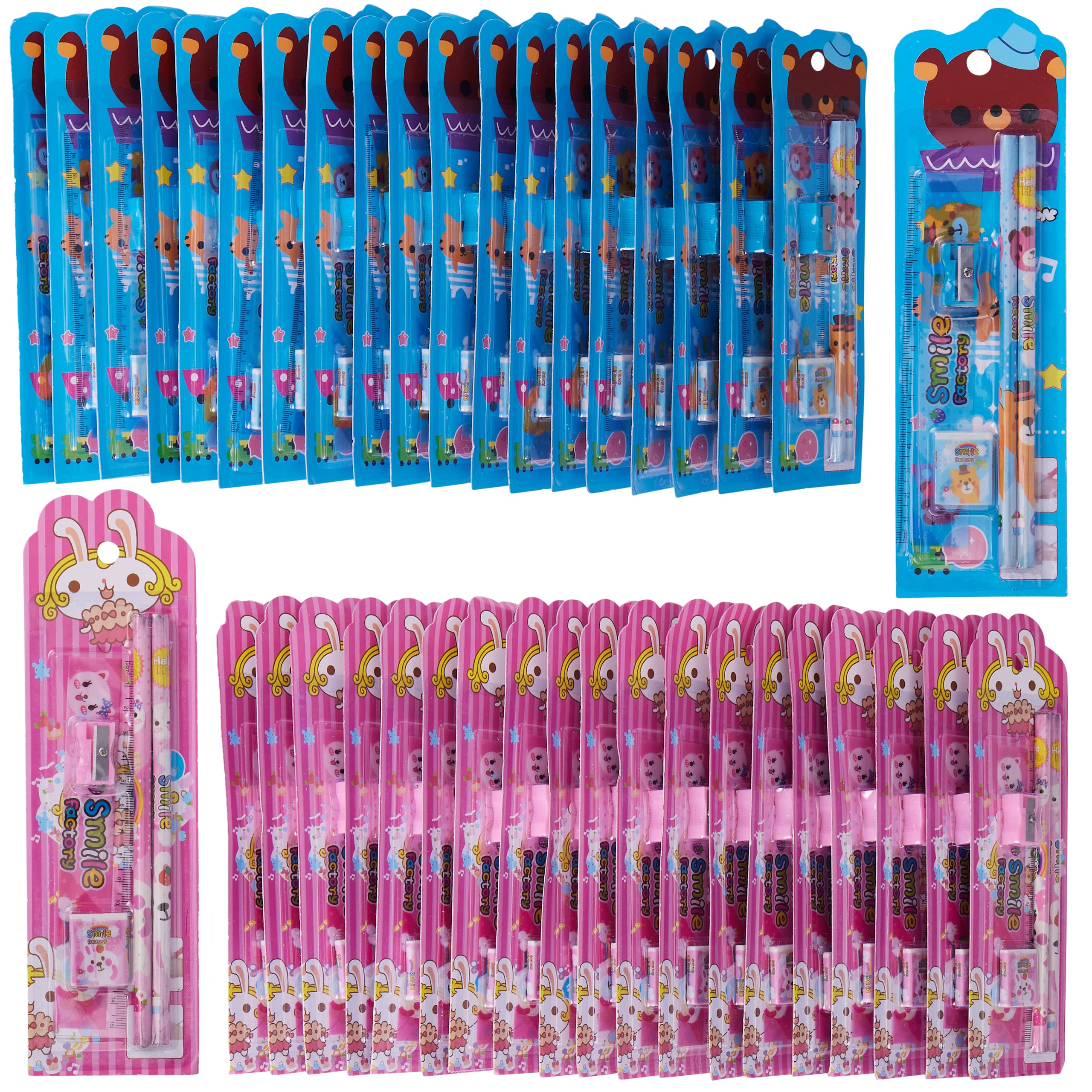 THE TWIDDLERS - 40 Kids Stationery Sets, 20 Pink & 20 Blue - Contains Two Pencils, Ruler, Sharpener & Eraser - Multipack Perfect Party Bag Fillers For Kids, Classroom School Prizes