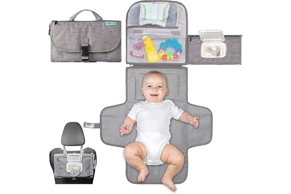 Kopi Baby Portable Diaper Changing Pad with Wipes Pocket, Classic Grey | 22-In Waterproof Pad, Smart Wipes Pocket, 2 Inner Mesh Pockets, Outer Pocket, Detachable Storage, Carry Straps