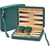 YMI Izmir Magnetic Travel Backgammon Set, 9 in | Magnetic travel backgammon set, 9-inch, with checkers, 4 dice, doubling cube, and 2 dice cups in a leatherette case.