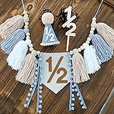 Ereniko Half Birthday Boy Decorations,Blue 1/2 Birthday High Chair Banner With Cone Hat And Half Cake Topper,Half Way To One Decorations Kit For Baby Boy,Happy 6 Month Party Photoshoot Props