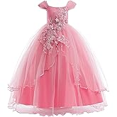 Weileenice Vintage Off The Shoulder Flower Girl Dress Lace Embroidery Little/Big Girls Wedding Bridesmaid Holiday Ballgown