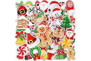 AUGSUN 60pcs Christmas Iron on Patches Random Assorted Styles Xmas Embroidered Sew Applique Repair Patch Santa Claus Christmas Tree Wreath Snowman Elk Angel Reindeer Candy Cane DIY Crafts for Clothing