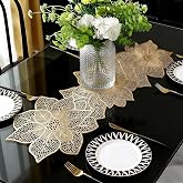 FAVE Gold Table Runner 36 Inches Flower Shaped Dining Table Runner | Waterproof Washable for Wedding Banquets Birthday Party Restaurant Decor and Daily Ues(Gold Flower Shaped)