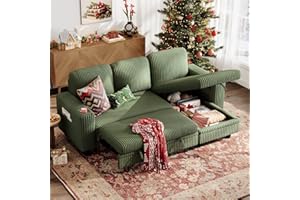 LINSY HOME Sectional Sleeper Sofa with Pull Out Couch Bed Convertible Plush Corduroy Cloud Couch with Storage Chaise & USB Charging, Comfy L Shaped Modular Couches for Living Room Apartment (Green)