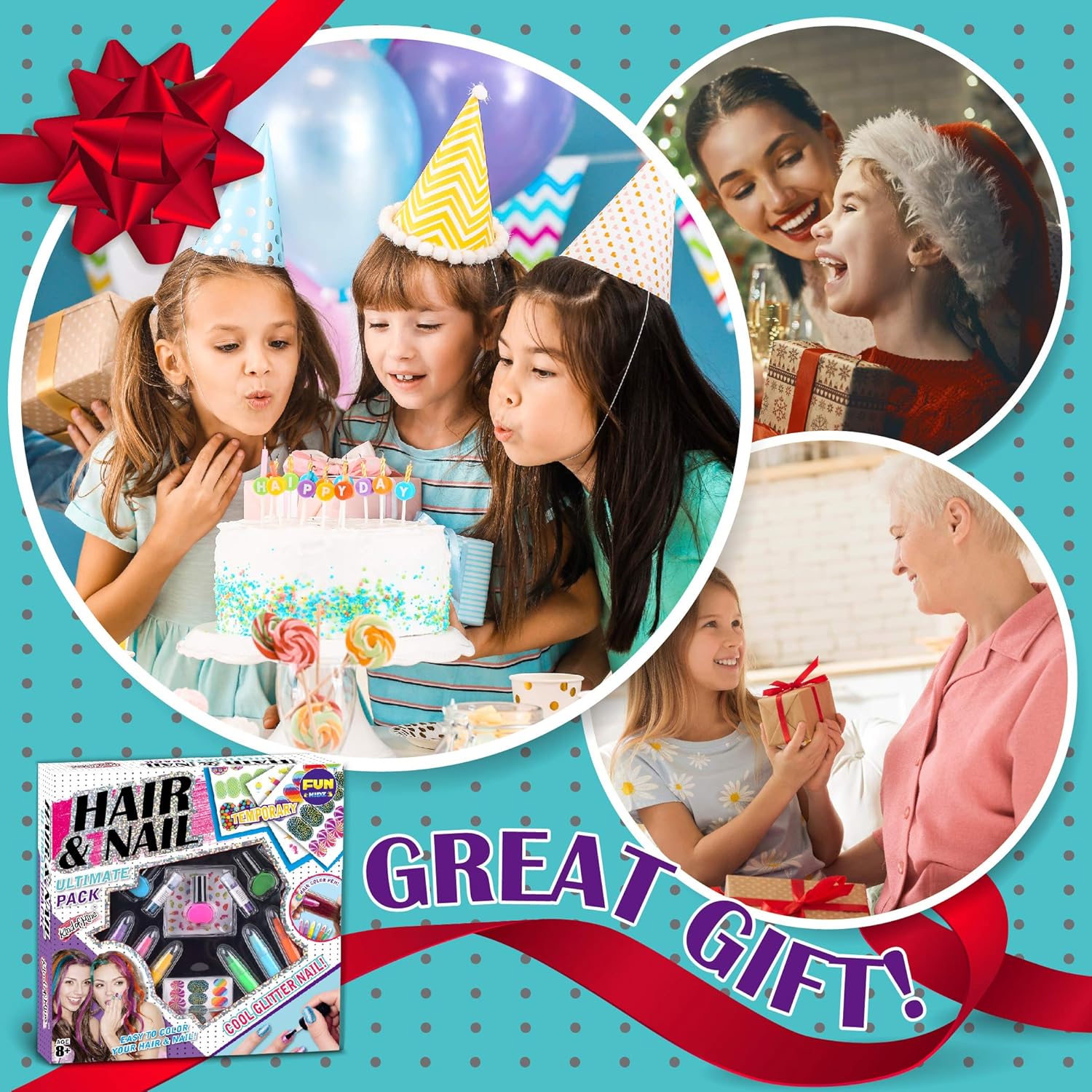 Hair Color and Nail Art Combo Kit for Girls, Funkidz Peel-off Nail Polish 3 Colors and 6 Colors Hair Chalks Ultimate Set Ages 8+ Suitable for Party Cosplay Halloween Christmas: Beauty