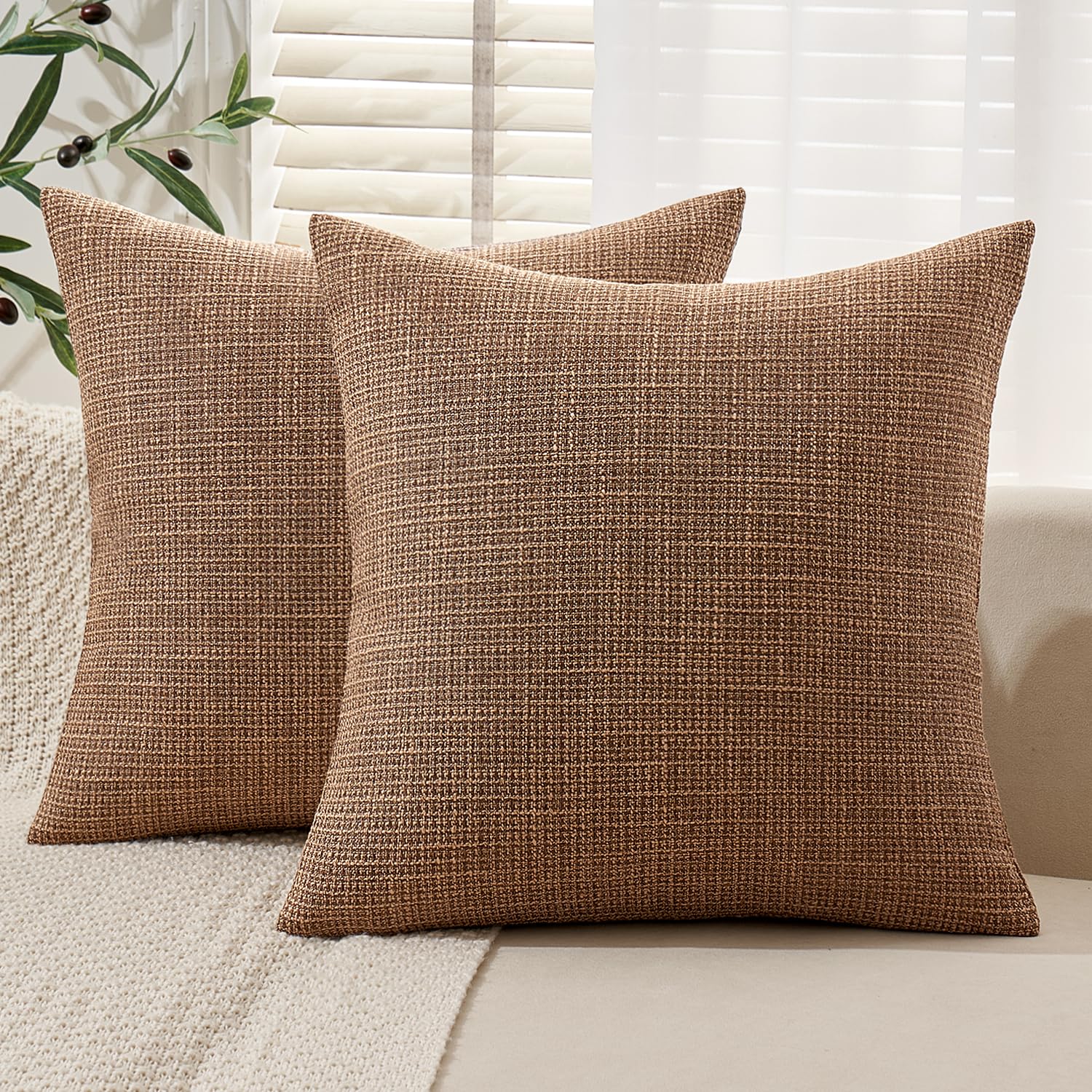 Photo 1 of MIULEE Burlap Linen Throw Pillow Covers 18x18 Inch Set of 2 Brown Decorative Pillows Modern Farmhouse Pillowcases Soft Accent Cushion Covers for Outdoor Couch Sofa Bedroom Livingroom Home Decor