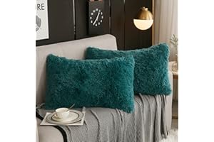 WERDIM Shaggy Fluffy Faux Fur Pillowcases 2 Pack Button Closure Velvet Pillow Shams Standard/Queen Size (Teal Green, 20 X 26 Inches)