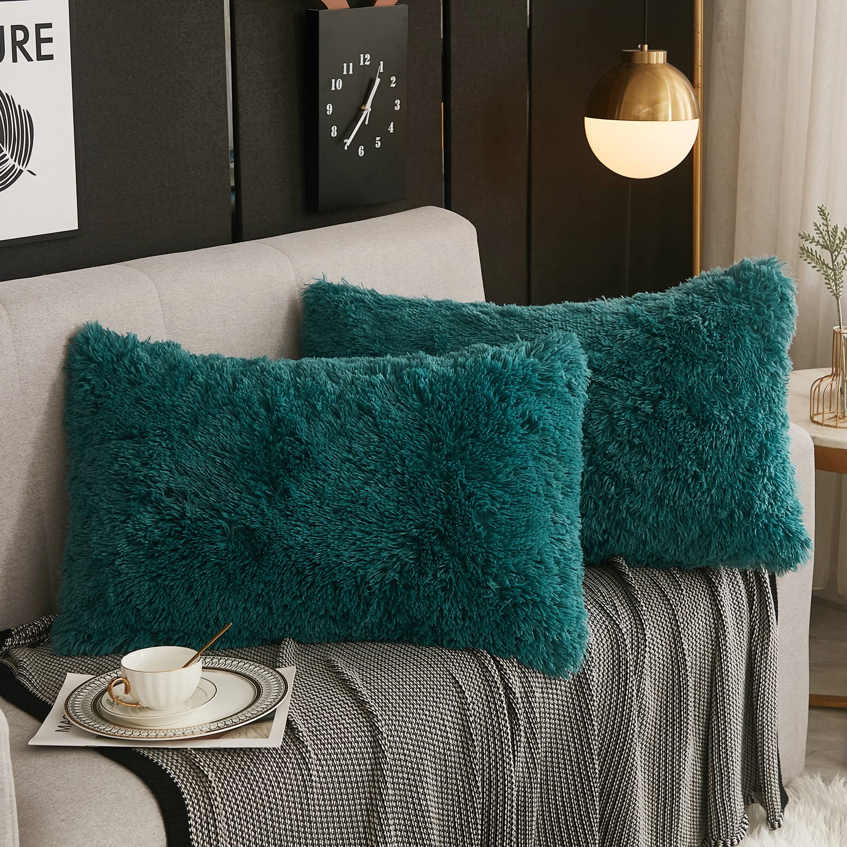 Photo 1 of WERDIM Shaggy Fluffy Faux Fur Pillowcases 2 Pack Button Closure Velvet Pillow Shams King Size (Teal Green, 20 X 36 Inches)