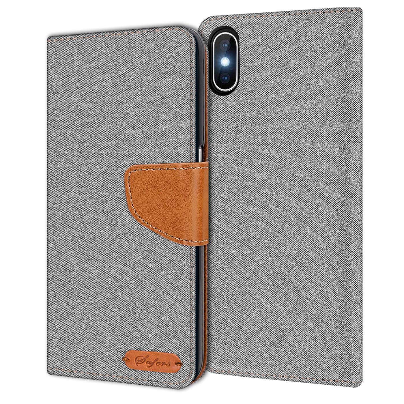 Verco Phone Wallet Case compatible with the iPhone XS, Canvas Faux Leather Book Cover for the Apple iPhone X Flip Case Bag Hinged - Grey