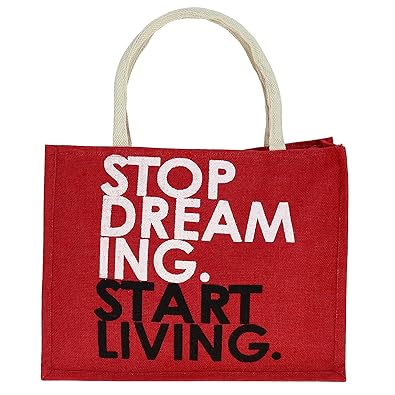Jute Multipurpose Shopping Bag with Stop Dreaming Logo and Zipper Top Closure - Graphic Waterproof Tote Bag