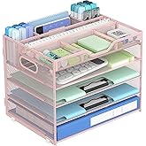 Docnest 5 Tier Mesh Desk Organizer- Letter Tray with Adjustable Compartments, Mesh Desktop Storage Built in Pen Holder and Handles, Desk Organizer Tray for Mail Documents Office Supplies–Pink