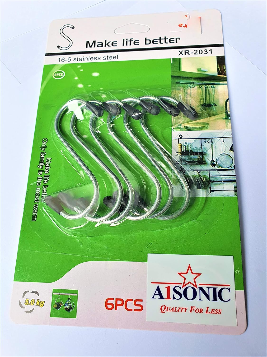 A1SONIC® S Hooks Hanging Storage Hooks Hangers Pack of 6 with Rubber