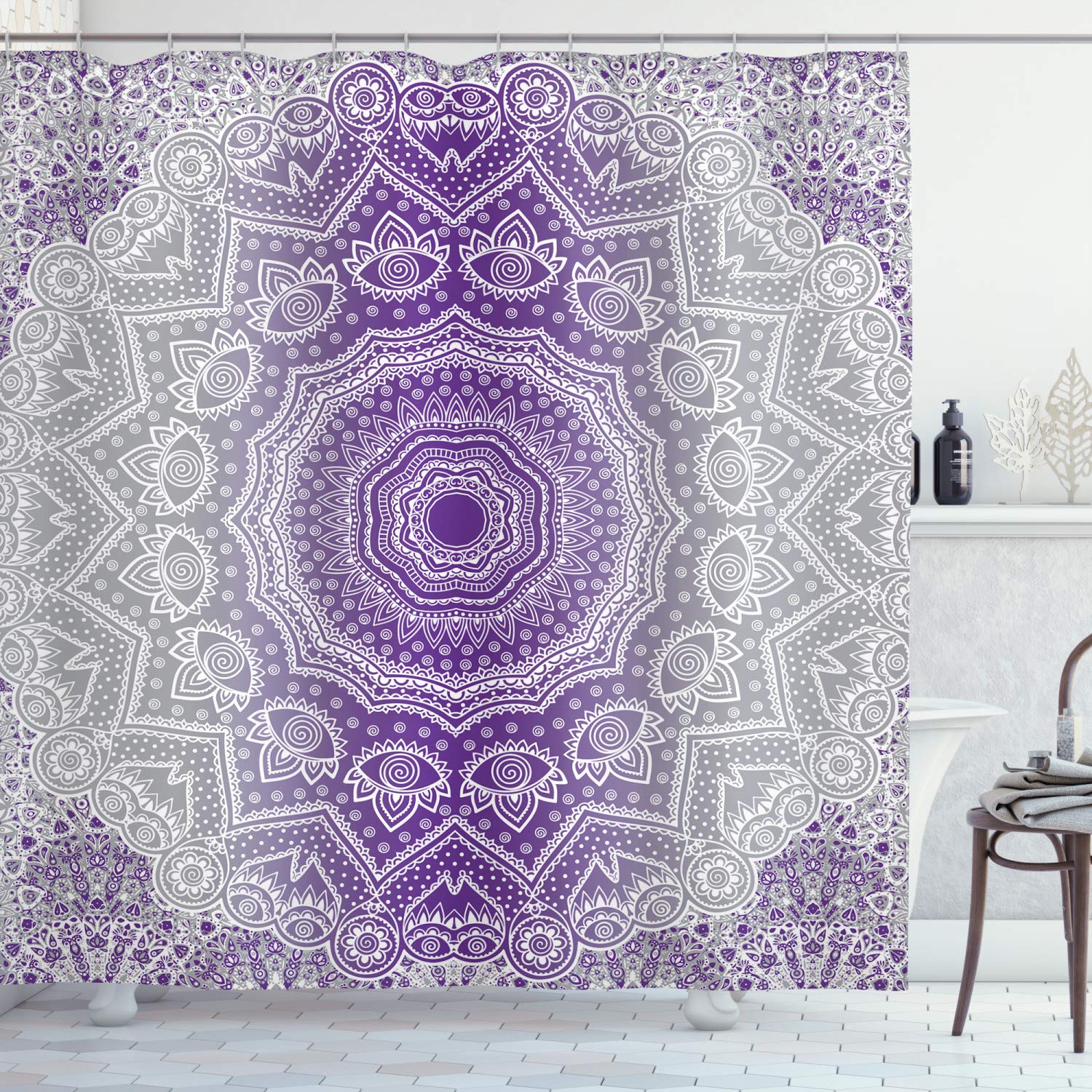 ABAKUHAUS Grey and Purple Shower Curtain, Ombre Mandala Abstract Art Cosmos Theme Sign Design Print, Cloth Fabric Bathroom Decor Set with Hooks, 175 x 200 cm, Violet