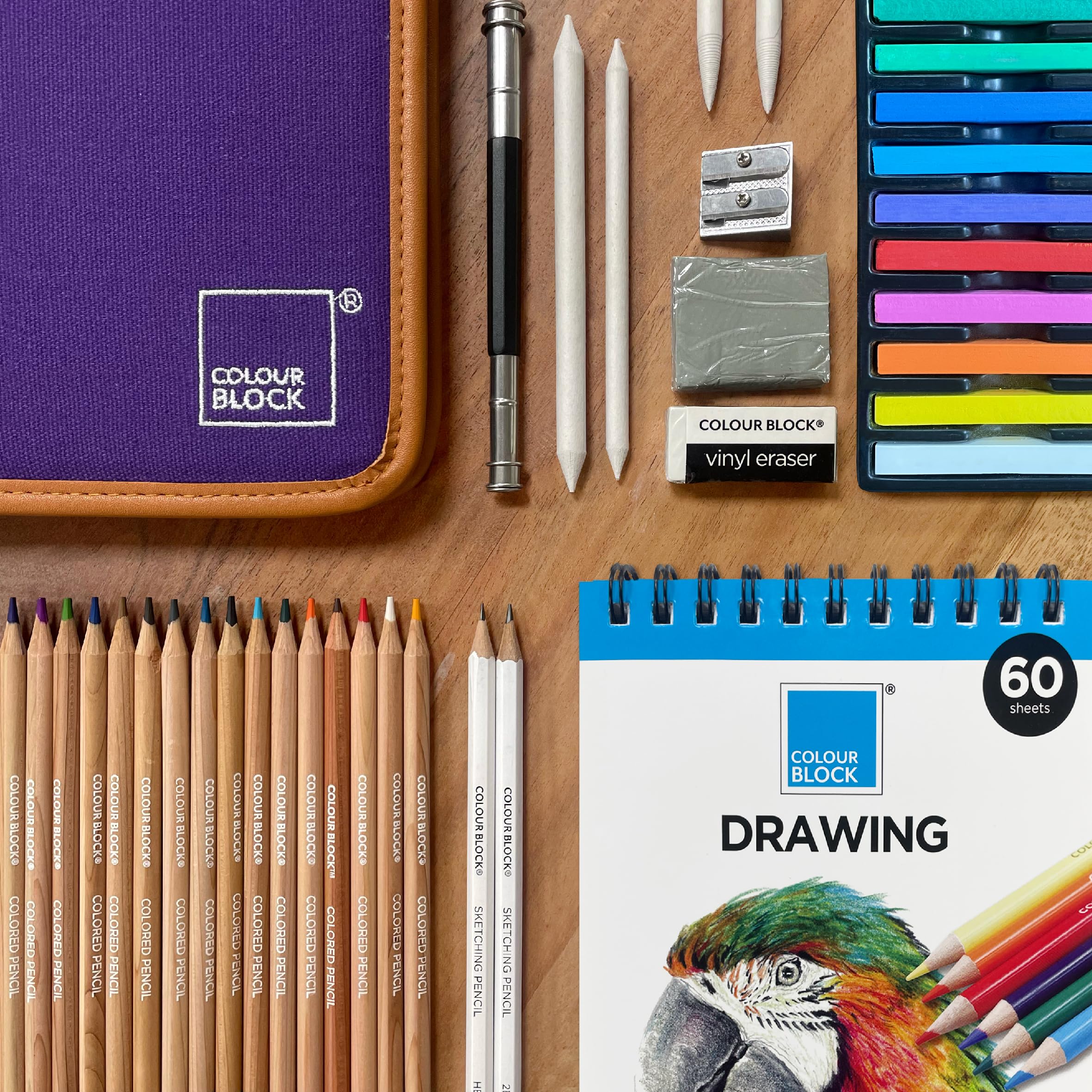 COLOUR BLOCK 40 Piece Drawing Travel Art Set in a Canvas Zippered Case, with 16 Colored Pencils, 12 Soft Pastels, Sketching Pencils, Drawing Pad, and Assorted Tools
