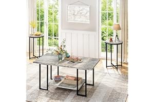 Lamerge 3 Pieces Living Room Table Set, Faux Marble Coffee Table with 2 Round End Side Tables, Coffee Table Set with Metal Fr
