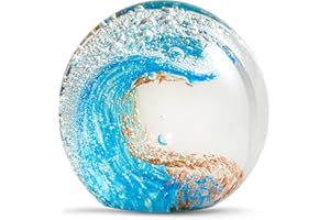 EUSTUMA Hand Blown Glass Figurines Ball Ocean Waves,Office Paperweight Glass for Desk,Home Decor Collectible,Aquarium Decor,Office Decor Ocean Lovers (Blue)