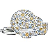 Pfaltzgtraff Vibrant Garden 12 Piece Floral Stoneware Dinnerware Plate Bowl Dish Set, Service for 4