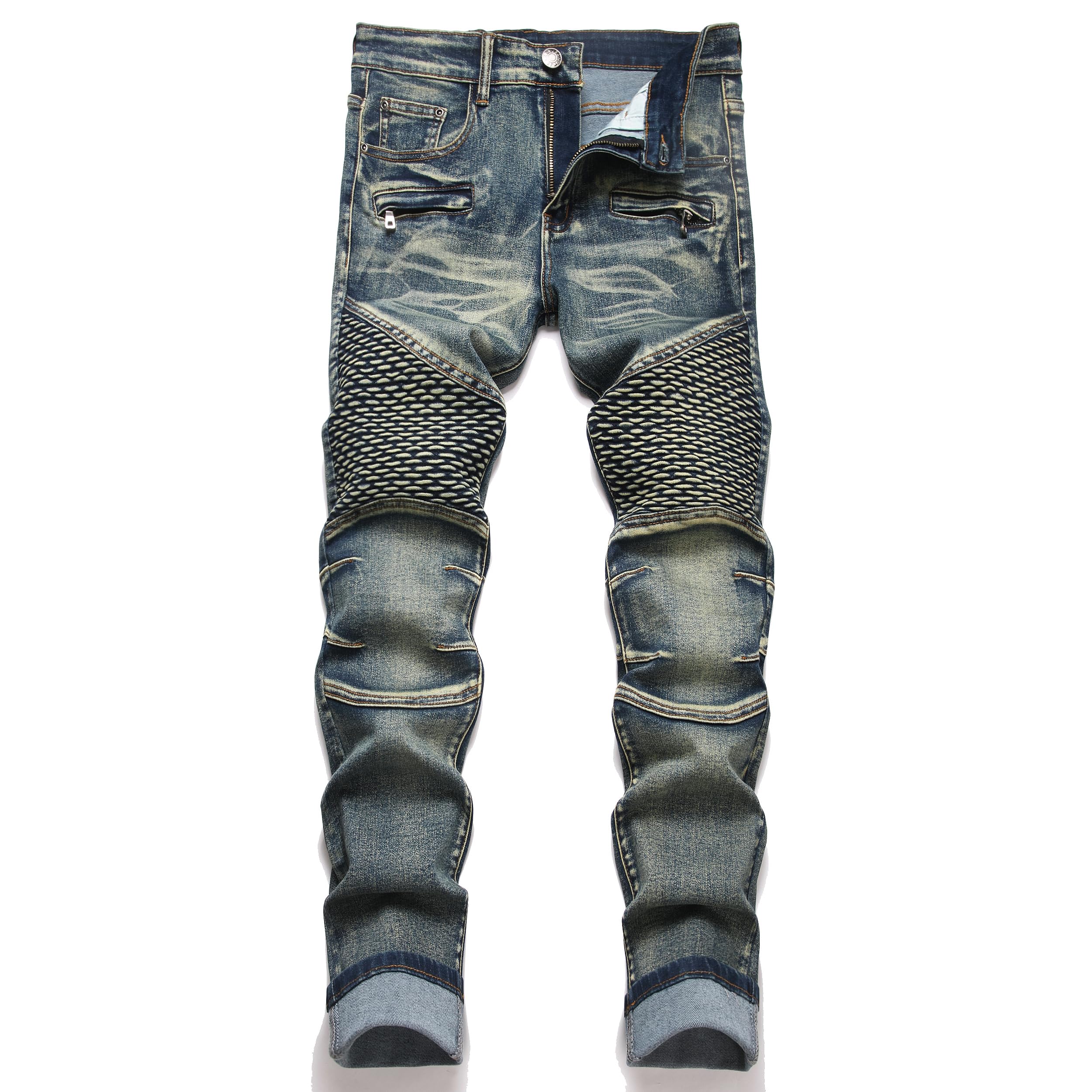 RXXKKK Men's Classic Zipper Biker Regular Fit Flex Jean (28, 1507 Vintage Blue) Image