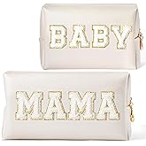 CY2SIDE MAMA Baby Letter Makeup Bag - 2PCS White MAMA and BABY Chenille Letter Patch Cosmetic Bag Pink PU Leather Patch Pouch Waterproof Portable Zipper Travel Organizer Case Gifts for Mom Women