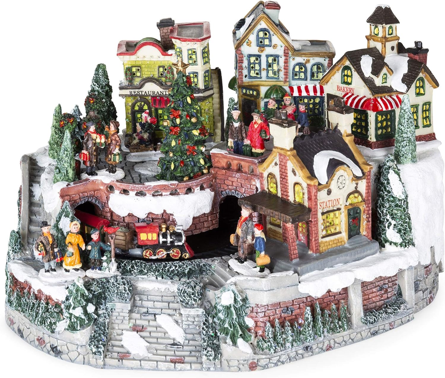 Amazon Com Best Choice Products 12in Pre Lit Hand Painted Animated Tabletop Christmas Village Set W Rotating Train Fiber Optic Lights Multicolor Home Kitchen