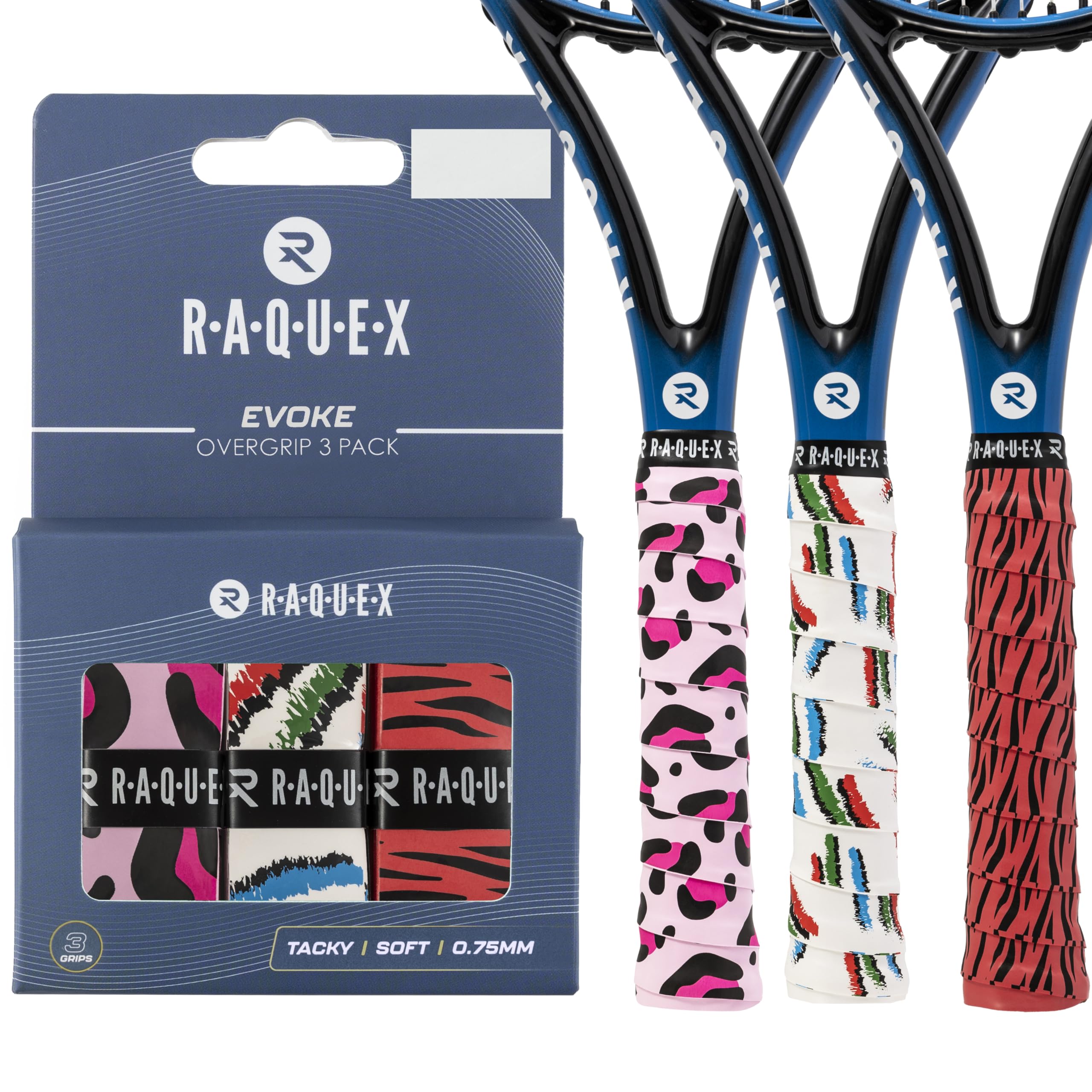 Raquex Evoke Overgrip Tape 3 Pack - Tennis Racket Grip Tapes (11 Designs) - Racquet Anti Slip Tape Overgrip for Tennis Rackets, Badminton, Squash, Padel. Finishing Tape Included