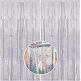 2 Pack 3.3 x 8.2 ft Tinsel Foil Fringe Curtain Backdrop, [Upgraded] Silver Glitter Metallic Streamers Backdrop Curtains for B