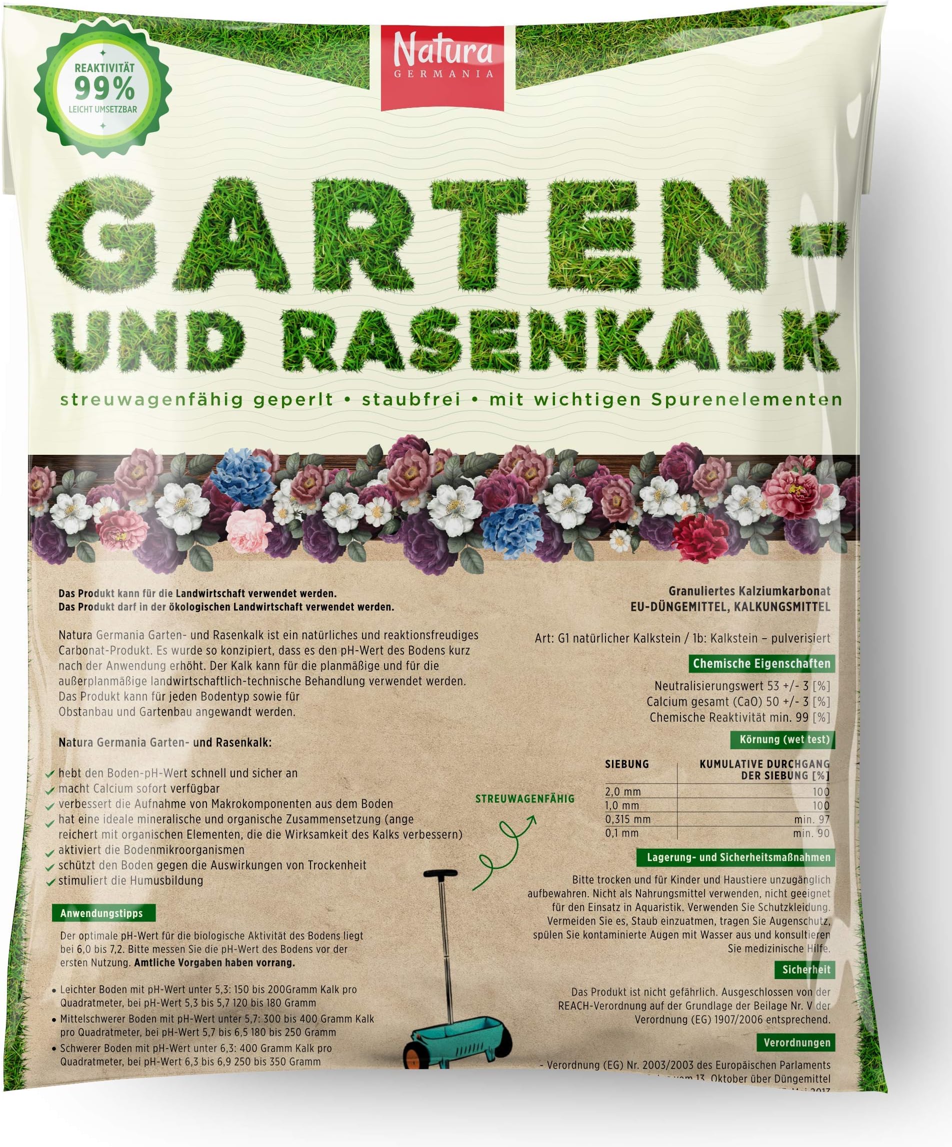 Natura Germania Bio Lawn Lime & Garden Lime 15KG, for lawn, plants, flowers and even for the organic waste bin, granulate, carbonated lime for garden