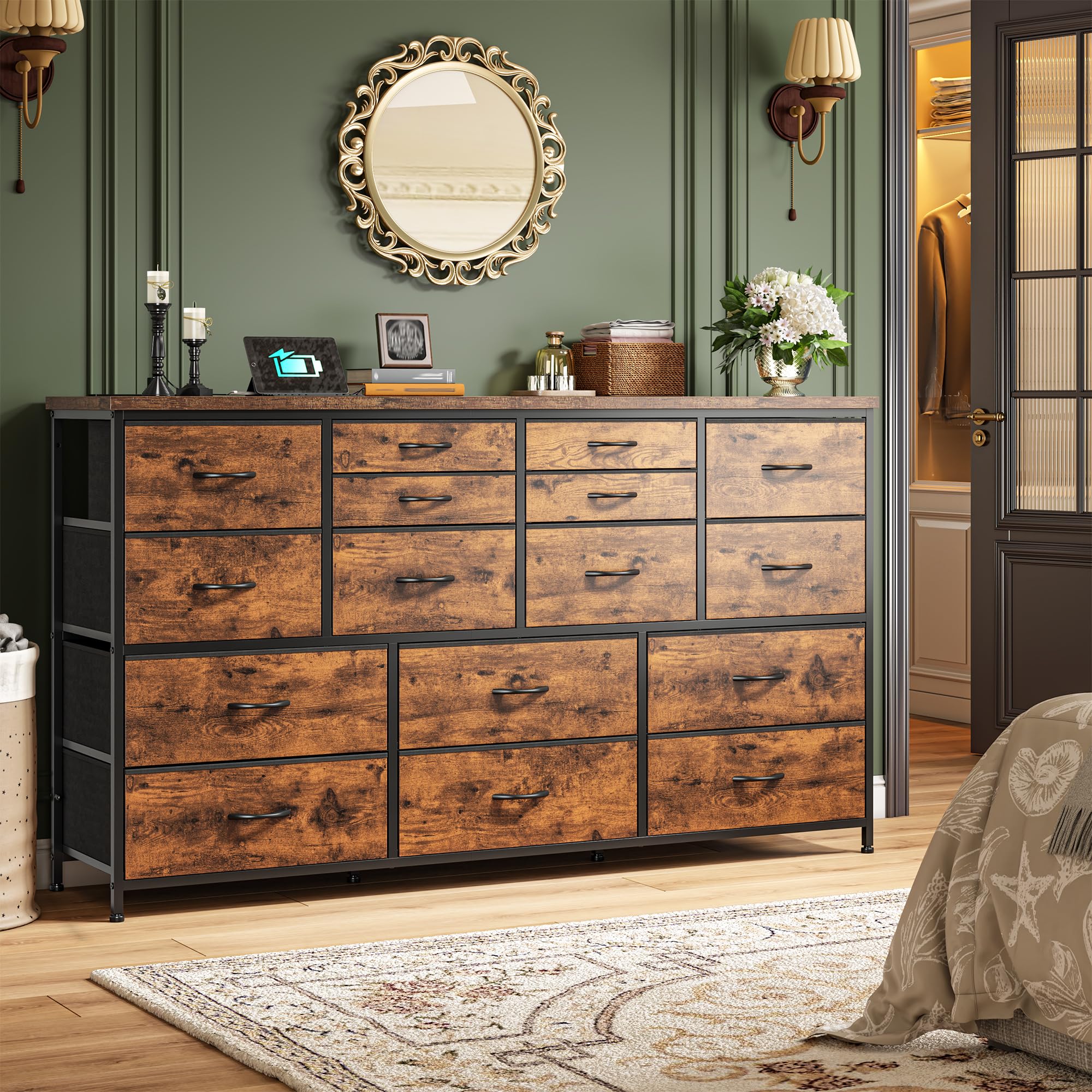 Romorgniz Dresser for Bedroom with 16 Fabric Drawers Long Dresser with Charging Station TV Stand for 60