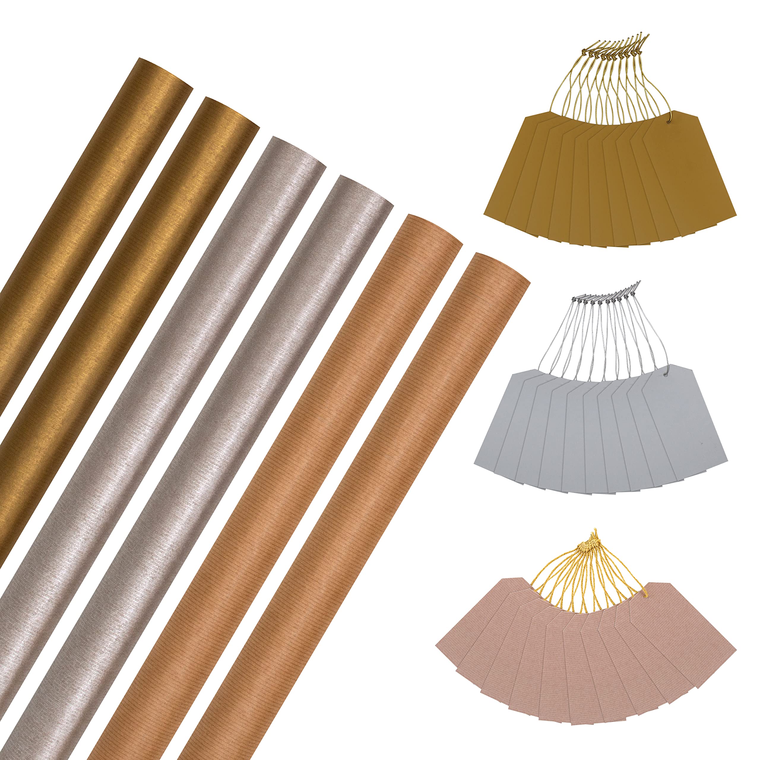 Hallmark Christmas Wrapping Paper, Pack of 6 Kraft Gift Wrap, 3M Each, & 30 Gift Tags, Gold, Brown, Silver