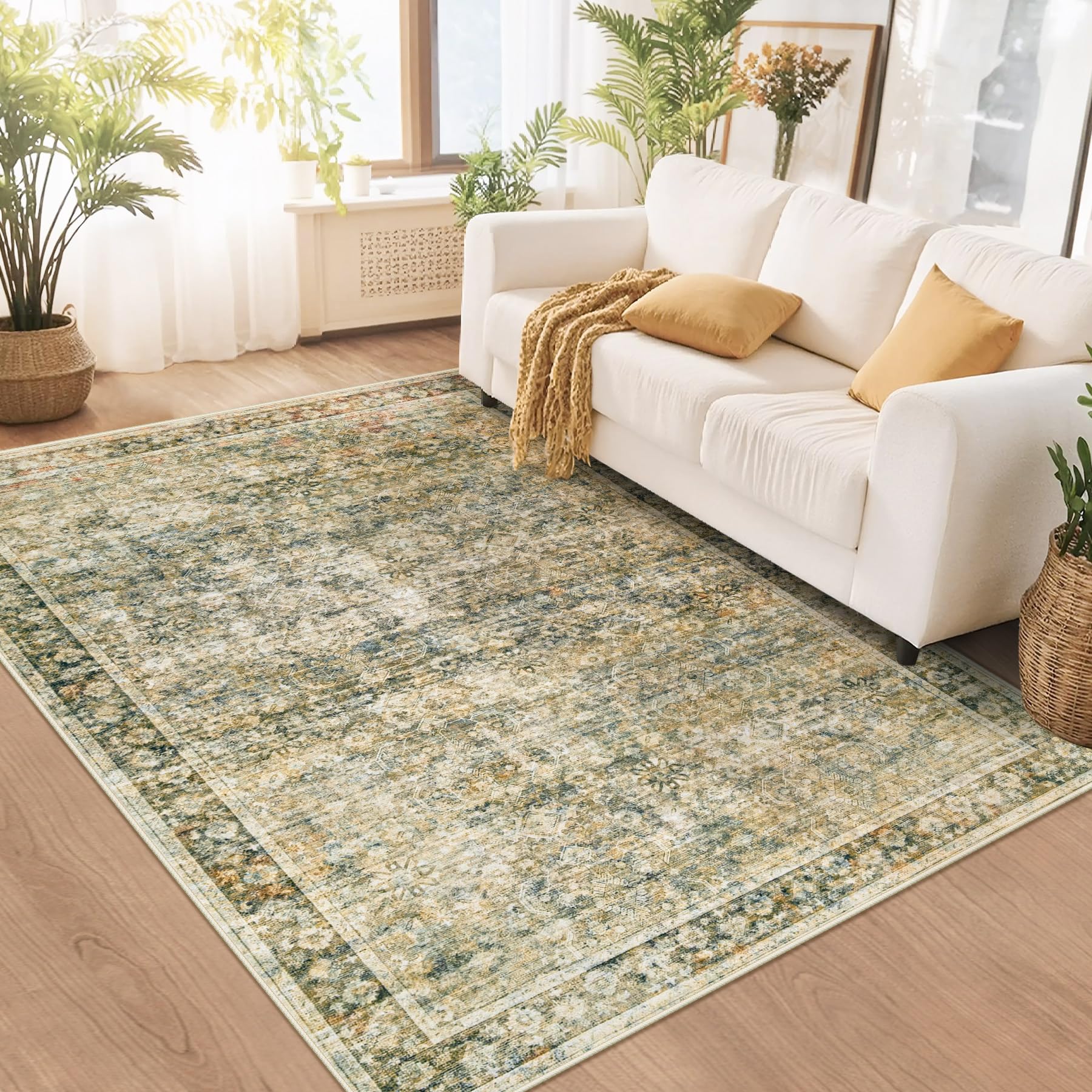 Photo 1 of 5x7 Area Rugs Washable Rug, Vintage Boho Large Area Rug Soft Non Slip Low Pile Indoor Floor Carpet Retro Distressed Kids Rug for Living Room Bedroom Nursery Dining Room Dorm Home Office(Brown, 5'x7')