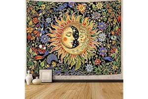 Rexful Bohemian Sun and Moon Tapestry Wall Hanging Colourful Retro Floral Flowers Mystic Tapestries for Bedroom Aesthetic Bla