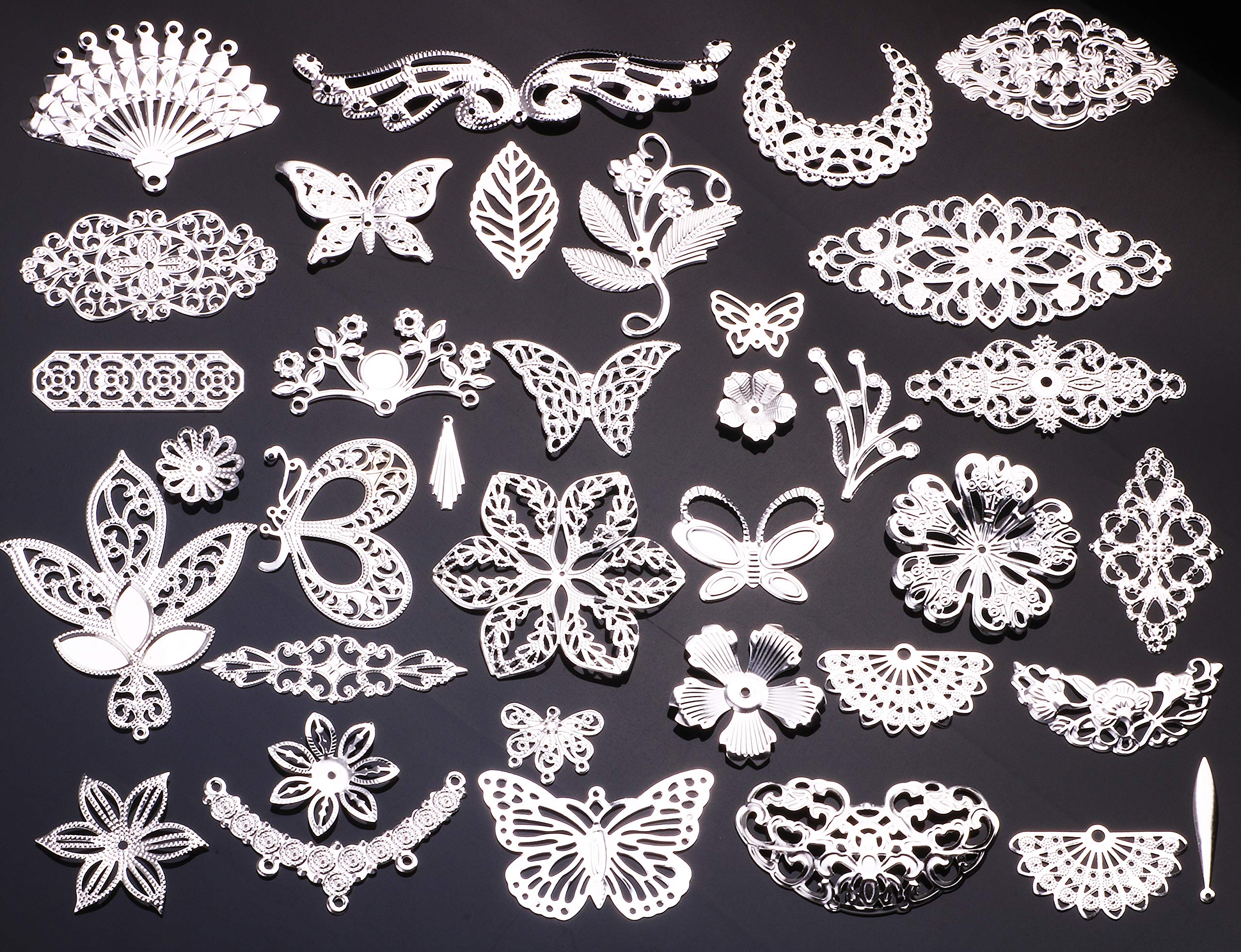 Photo 1 of 100g Silver Color Plating Filigree Connectors Charms Pendants Findings Iron Metal Embellishments for DIY Hairpin Headwear Earring Jewelry Making, Nickel Free (Silver)