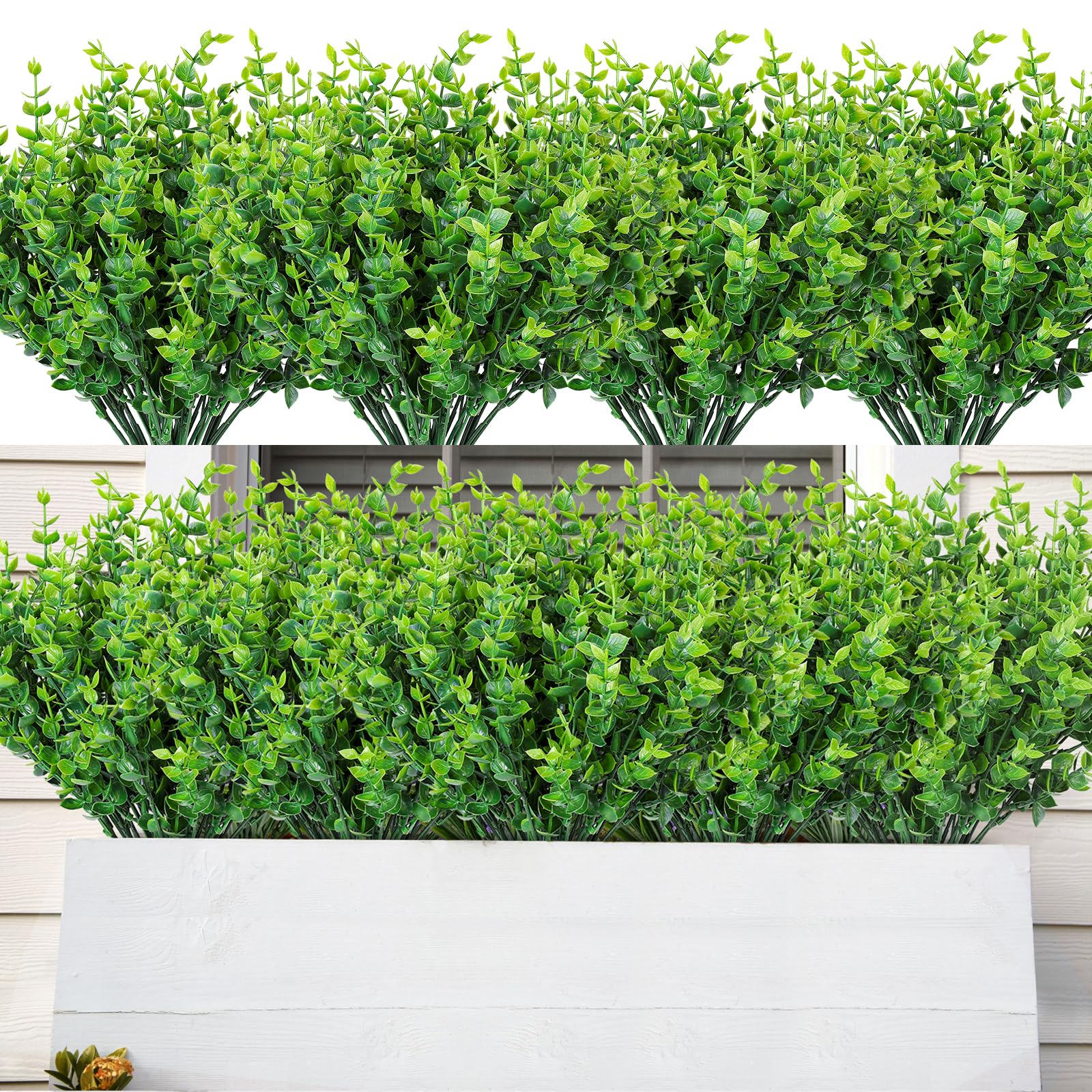 AmyHomie 20 Bundles Green Artificial Plants for Outdoor Spring Summer Decor UV Resistant Faux Wheat Grass Greenery Shrubs Eucalyptus Fake Plastic Plants Garden Porch Window Box Decorating