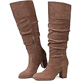Erocalli Suede Knee-High Boots Fall Boot For Women Chunky Block High Heel Slouch Fashion Boot Round Toe Side Zipper