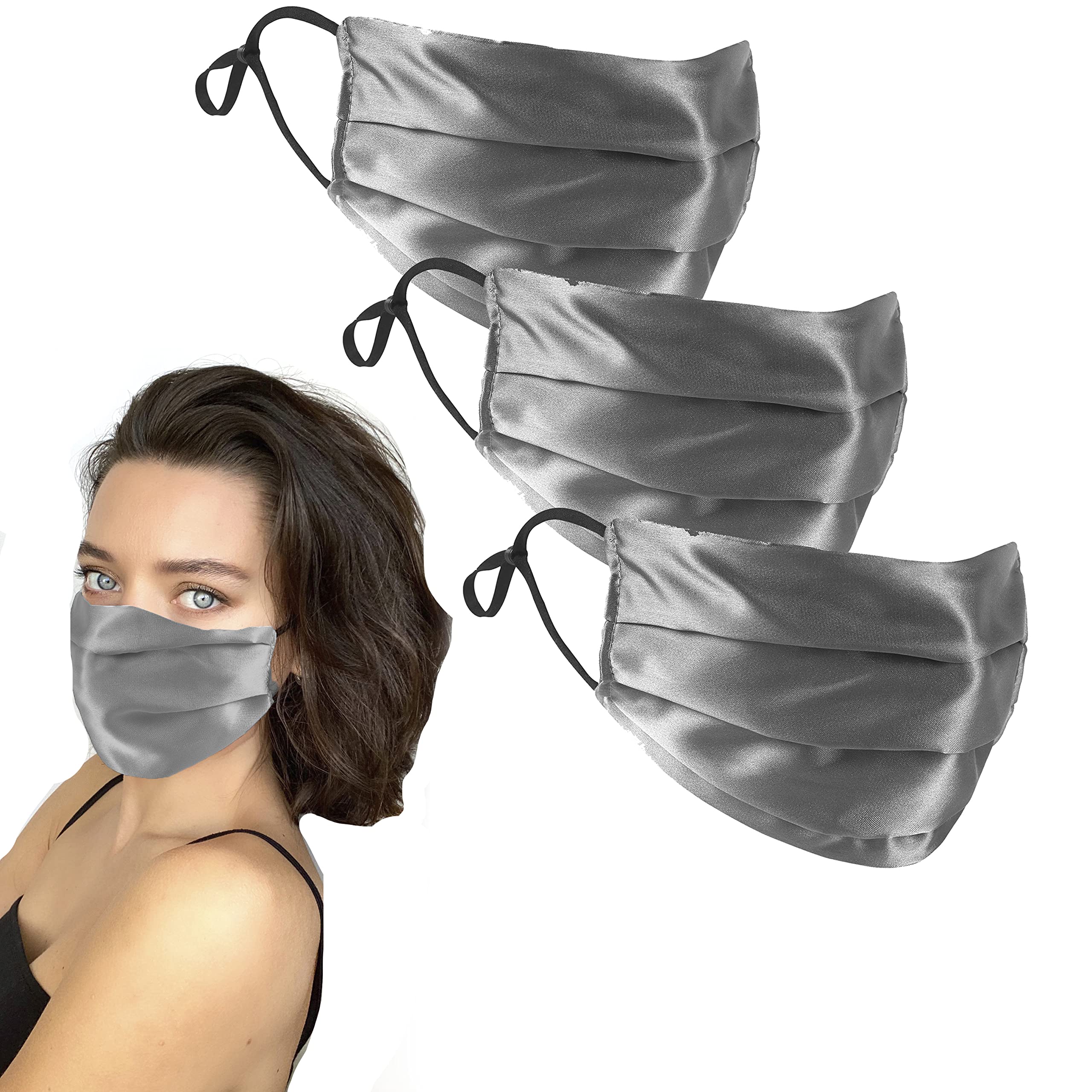 GOLDEN HOUR Silk Satin Face Mask | Sensitive Skin, Hypoallergenic, Adjustable, Washable | Set of 3, Silver
