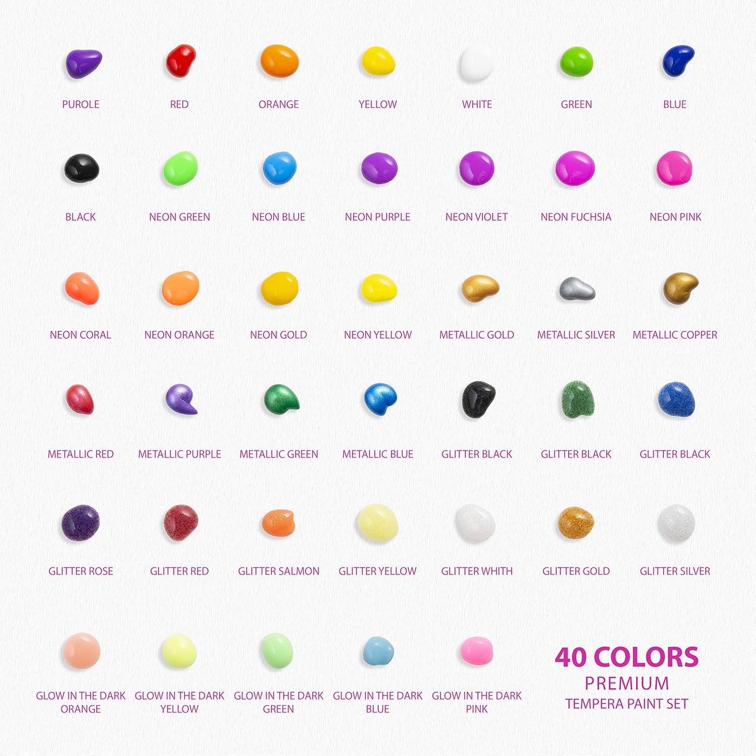 Kids Tempera Paint Set | Value Pack Includes 40 Washable Non-Toxic Colorful Paints (2oz bottles) & 15 Brushes | Metallic, Neon, Glow In The Dark, Glitter Paints | Paint For Arts & Crafts, Fun Projects: Toys & Games