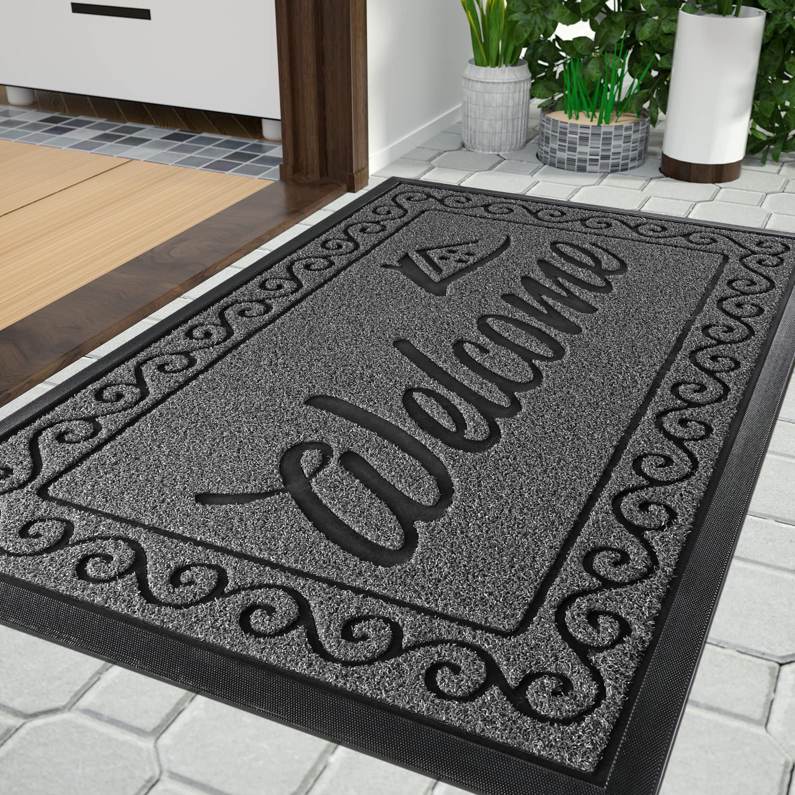 Yimobra welcome door mat, Heavy Duty Sturdy Front Mats for Home Entrance Outdoor Indoor,Non Slip Backing, Exterior Mats for Outside Patio Porch Farmhouse, 75 x 43 cm, Black Gray