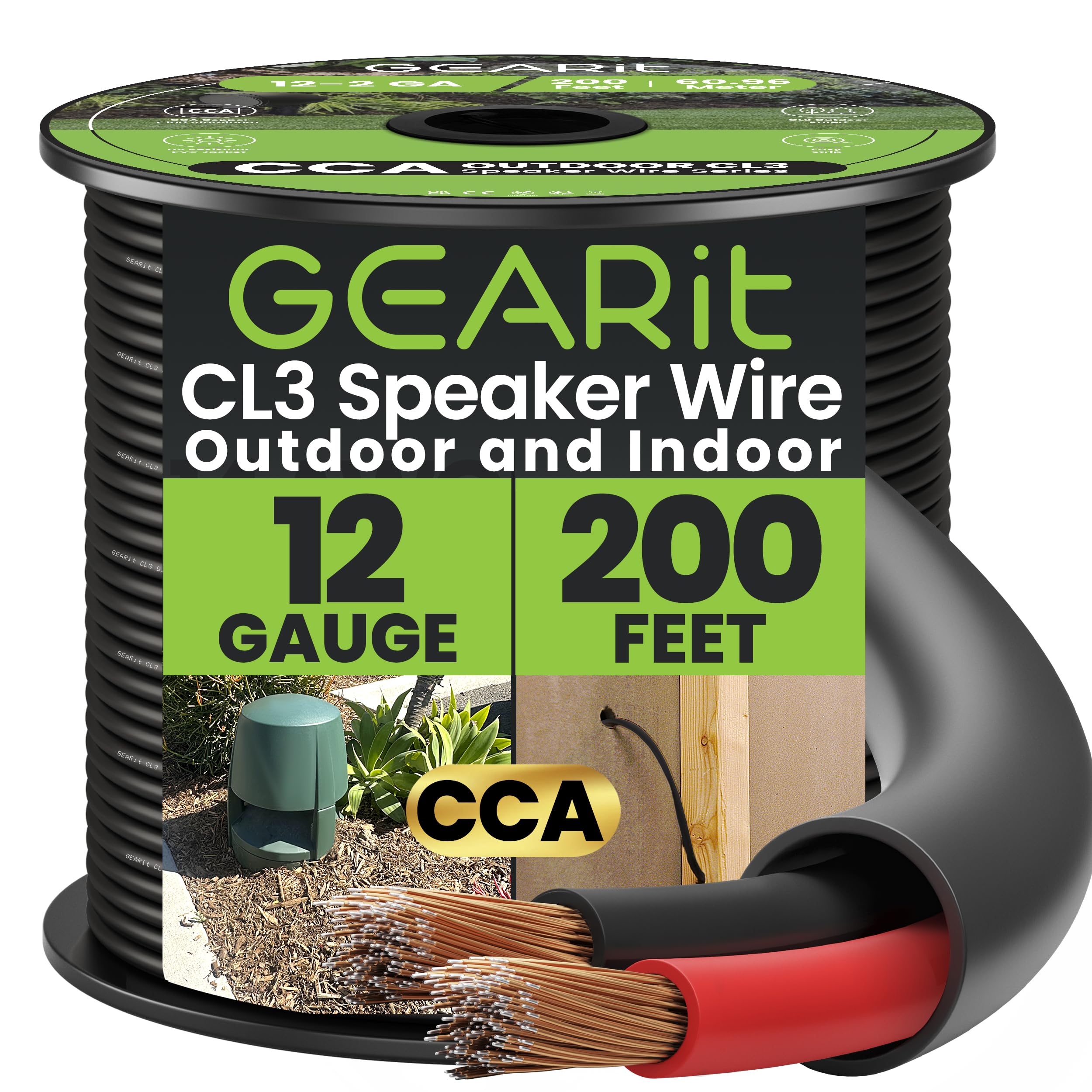 GEARit 2x4mm² Speaker Cable, CL3 In-Wall Rated CCA Speaker Wire, 12AWG 2 Core Audio Cable for Home Cinema, Outdoor Direct Burial, Garden Speakers and Car Stereo- 60.96m/200ft, Black