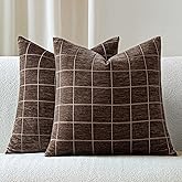 Aesthaboho Decorative Chenille Plaid Throw Pillow Covers 20x20 Inch Set of 2 Vintage Check Couch Pillows Neutral Boho Farmhou