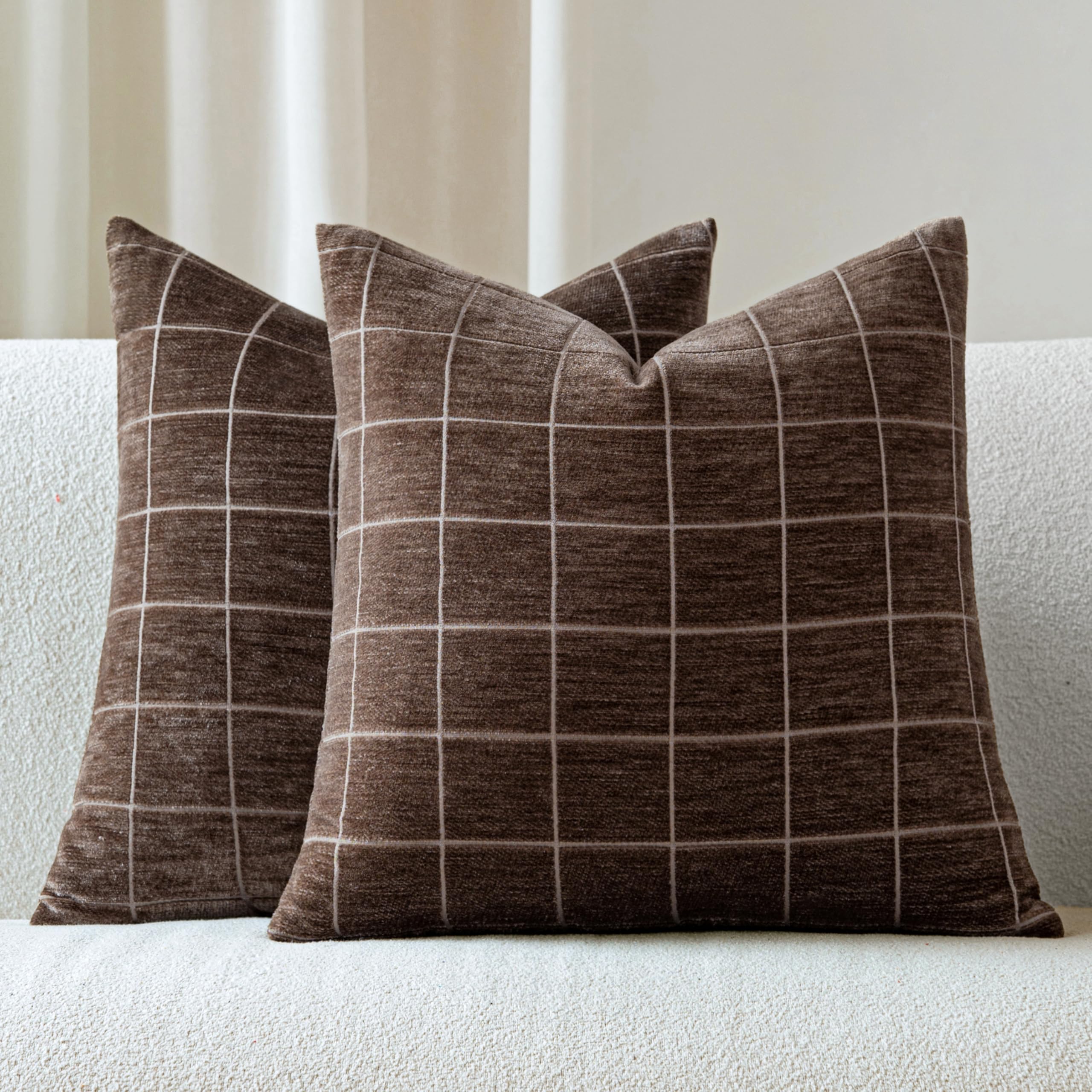 Photo 1 of **STYLE MAY DIFFER FROM STOCK PHOTO** Aesthaboho Decorative Chenille Plaid Throw Pillow Covers 18x18 Inch Set of 2 Vintage Check Couch Pillows Neutral Boho Farmhouse Cushion Covers Modern Home Decor for Sofa Bed Living Room Brown