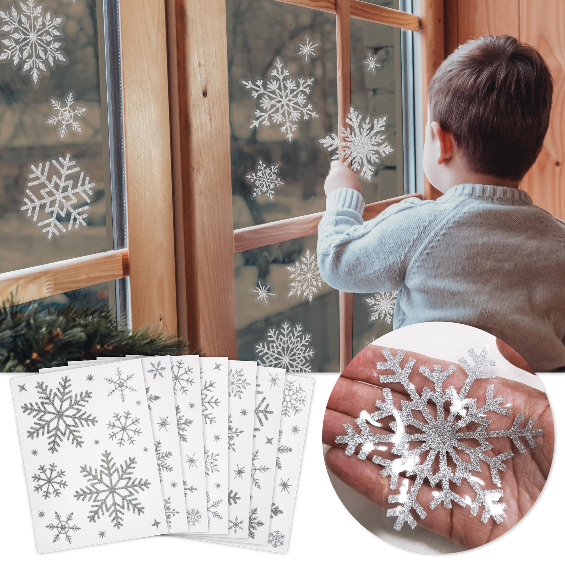Christmas Snowflake Window Stickers Over 300pcs Silver Glitter Design - Removable and Reusable Christmas Window Clings Decoration - Ideal for Xmas Display and Décor