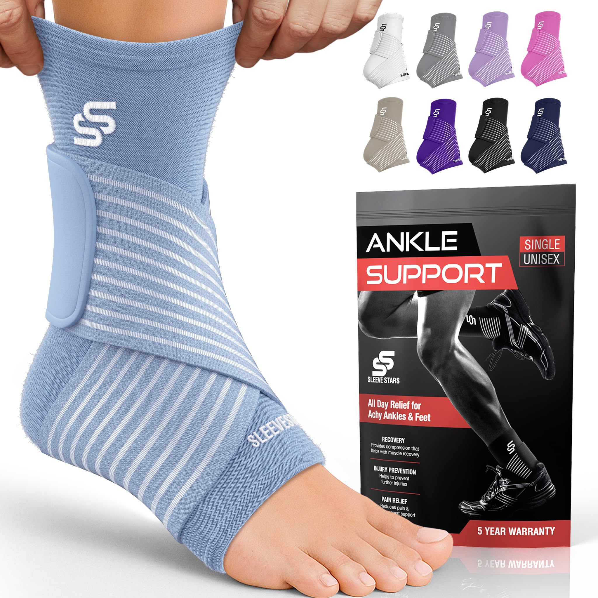 Photo 1 of Sleeve Stars Ankle Brace for Women & Men, Ankle Wrap for Sprain, Compression Sleeve for Plantar Fasciitis Relief, Easy Customizable Support: w/ Removable Strap (Single/M:10"-12"/Light Blue)