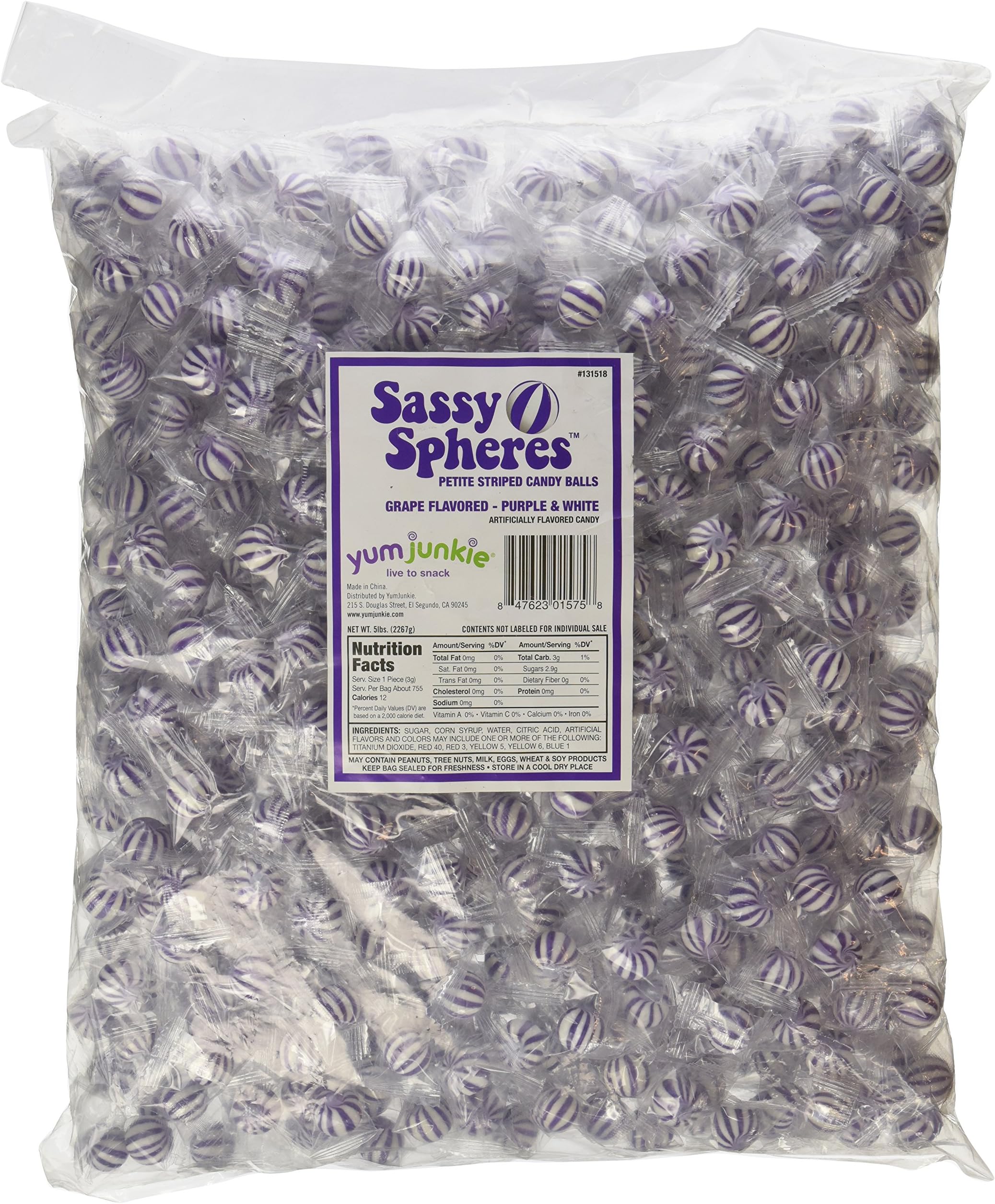 YumJunkie Sassy Spheres Petite Purple Striped Candy Balls, Grape, 5 Pound