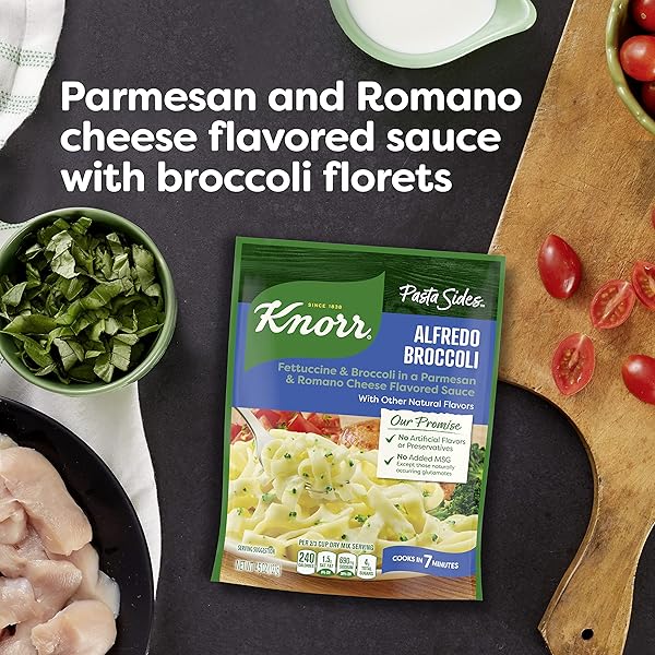KNORR PASTA SIDES ALFREDO BROCCOLI FETTUCCINE FOR DELICIOUS QUICK PASTA SIDE DISHES NO ARTIFICIAL FLAVORS, NO PRESERVATIVES, NO ADDED MSG 4.5 OZ