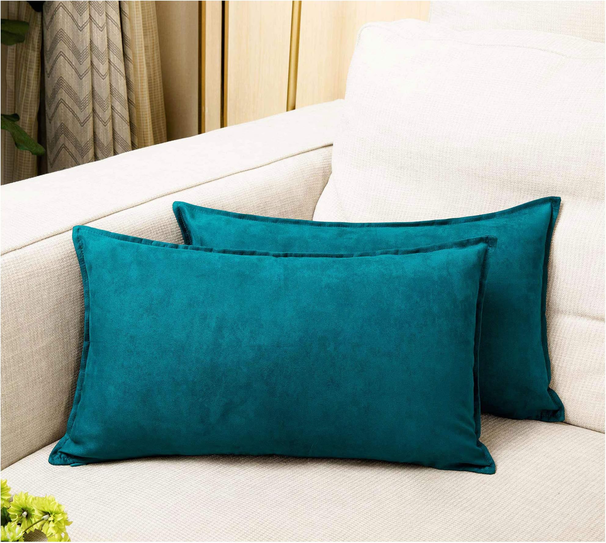 Zealax 2-Pack Cushion Covers Comfortable Suede Decorative Lumbar Throw Pillow Covers Pillowcases for Couch Living Room Decor, 12x20 Inch, Deep Teal