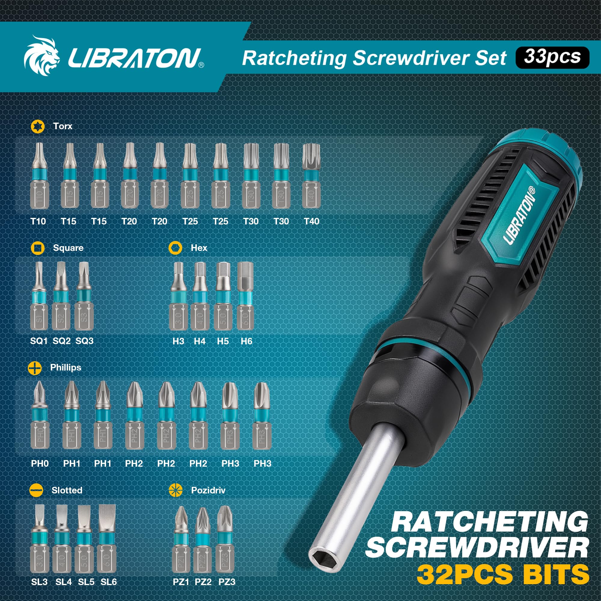 LIBRATON Ratschenschraubendreher Set, Multi Schraubendreher, 33-in-1 Magnetischer Schraubendreher, Schlitz-/Philips-/Pozi-/Torx-/Hex-/Vierkant-Bits, Ergonomischer Griff für Zuhause, Auto 2